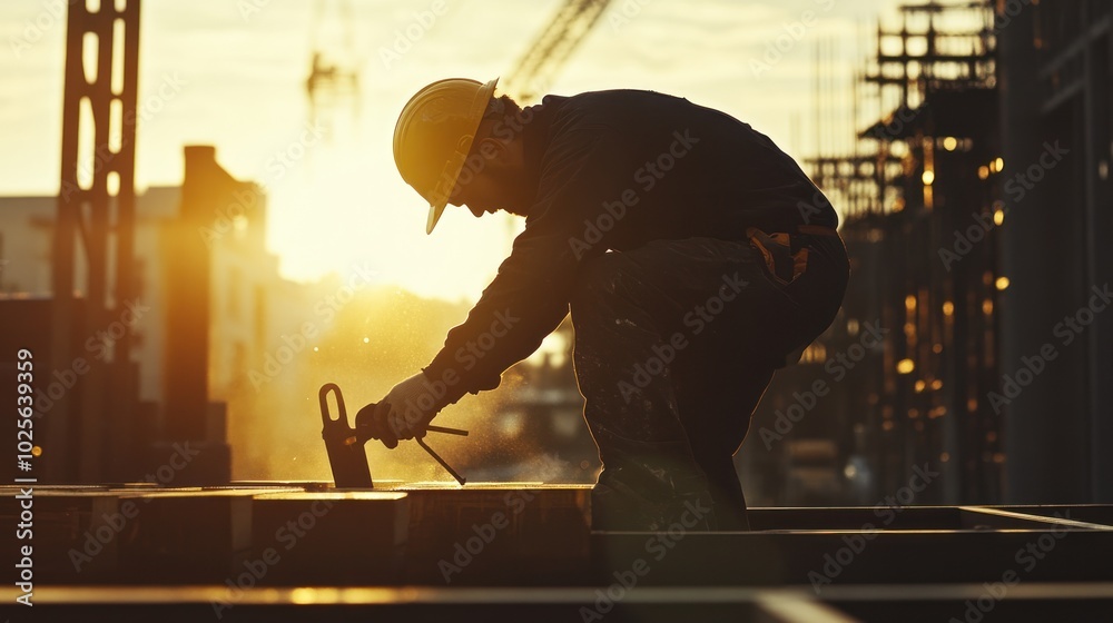 Poster a dynamic action shot of a skilled construction worker, with a worker using precise tools and machin