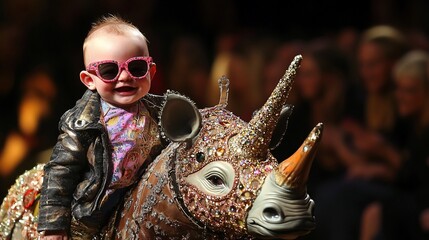 A baby wearing sunglasses and a leather jacket sits on a jeweled rhinoceros.