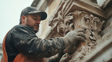 Obraz premium A focused construction worker focusing on historical restoration, with workers carefully restoring architectural details on historical buildings, using traditional tools 