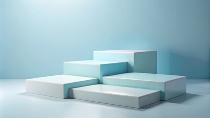 Empty pastel blue and white podiums of varying sizes on close-up view