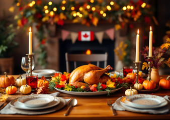 Thanksgiving Dinner Table Setting with Roasted Turkey