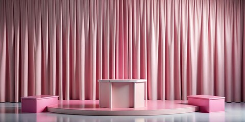 Empty podium with pink geometric shapes curtain in extreme close-up