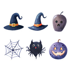 Whimsical Halloween collection with witch hats, creepy creatures, and pumpkins