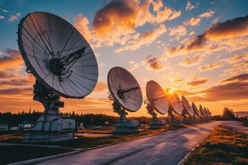 Satellite dish array at dusk, with copy space