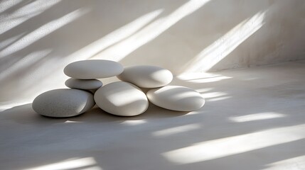 Subtle light and shadow play on pebbles: Smooth pebble-like forms casting delicate shadows, with soft beams of light highlighting their curves and creating a peaceful mood
