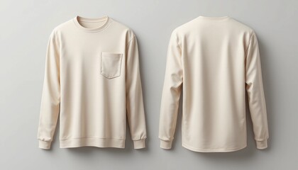 Naklejka premium Cream Long-Sleeve Sweatshirt with Front Pocket, Displayed Front and Back 