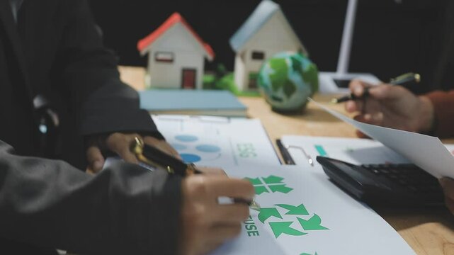 Business people having consultation about wind energy at company office. Business team discussing about windmill and alternative green enery. Net zero and carbon neutral concept