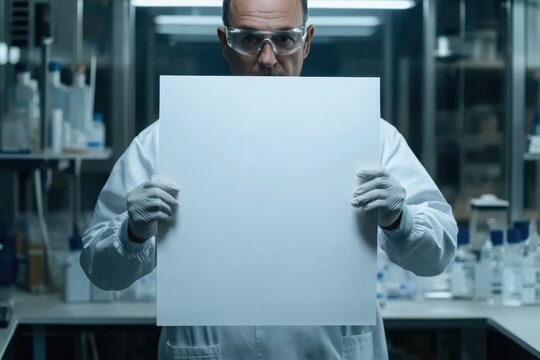 Scientist holding blank research poster, with copy space