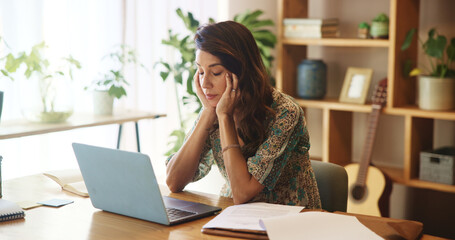 Burnout, tired and woman with laptop in home with deadline for startup copywriting company....