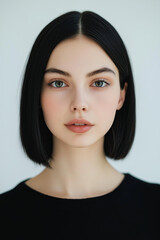 Fototapeta premium people of ai // beautiful young woman with white skin and black bob cut hair, blue eyes, black cloth, neutral expression, white background, photorealistic