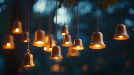 Obraz premium Hanging bells glowing in warm tones: Softly glowing hanging bells in warm colors, gently suggesting the calming sound of soft chimes