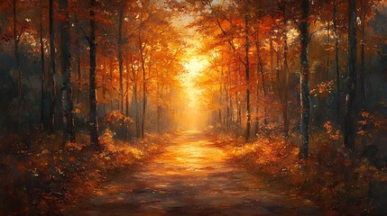 Fototapeta premium A path through a forest with vibrant autumn foliage and sun rays shining through the trees.