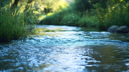 Fototapeta premium Gently flowing rivers with soft music notes: A calm river flowing gently with musical notes subtly drifting along, creating a visual harmony between water and sound