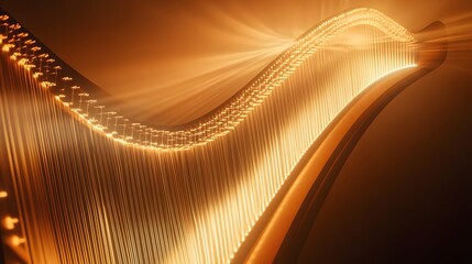 Abstract harp strings with soft light: Delicate harp strings softly glowing, with light subtly vibrating along the strings to represent soothing music