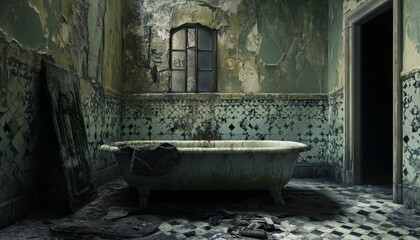 A vintage clawfoot bathtub sits in a dilapidated bathroom with peeling paint and tile, with a single window overlooking a dark, ominous hallway.
