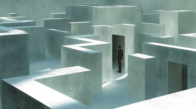 Figures trapped in a labyrinthine structure: The maze-like corridors twist and turn, with no clear escape, symbolizing confusion and entrapment.