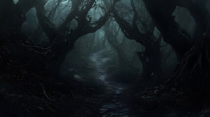 Obraz premium A dark, oppressive forest with paths that lead nowhere: The trees are gnarled and twisted, with no visible way out.
