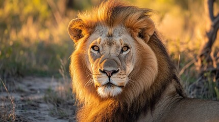 Obraz premium A majestic male lion with a thick mane stares directly at the camera in a golden light, showcasing its power and dominance.