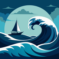 Silhouette of crashing ocean waves with a distant sailboat on the horizon