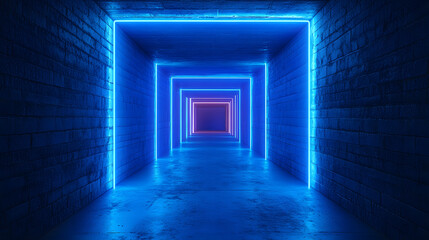 Fototapeta premium A blue tunnel with neon lights