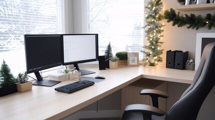 Cozy Winter Office Workspace with Monitors and Decor