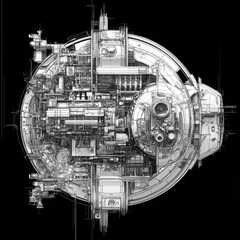 Space station cross-section futuristic technical diagram style, with copy space