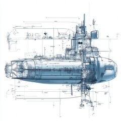 Obraz premium Submarine cross-section technical drawing style, with copy space