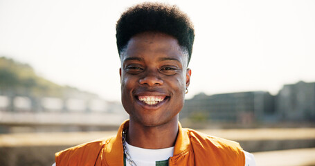 City, black man portrait with smile for fashion, streetwear and confidence for cool clothes with...