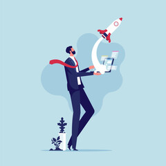 Launching a startup business. Illustration of a man holding a laptop with a rocket launching. launching a new project or idea