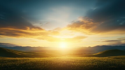 Obraz premium A sunrise over a peaceful landscape, symbolizing new beginnings and positive energy.