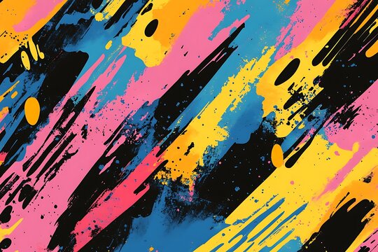 Geometric abstract design with distressed urban motif ideal for fabric or gift wrap. A colorful painting with splatters of paint all over it Generative Ai
