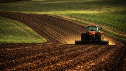 A red tractor plows a field, leaving behind straight, parallel lines in the soil. The tractor is moving uphill, and the sun is shining brightly on the field.