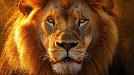 Fototapeta premium A close-up portrait of a majestic lion with golden fur and piercing eyes. The lion is looking directly at the camera with a serious expression.