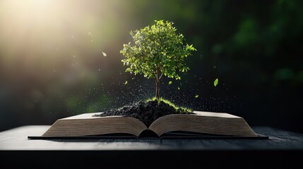 A tree growing out of a book, symbolizing the power of education in growth.