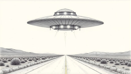Obraz premium Black and white illustration of a UFO hovering over an empty desert road