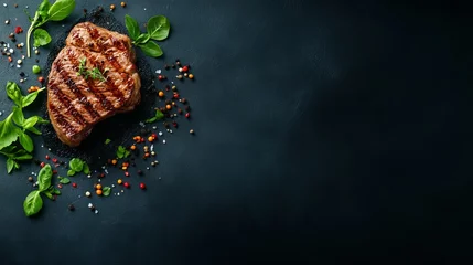 Grilled steak with fresh herbs and colorful spices © Sukifli Dakheng
