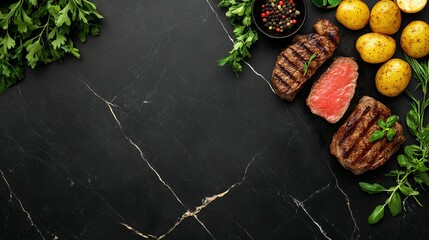 Grilled steaks with herbs and roasted potatoes on marble background