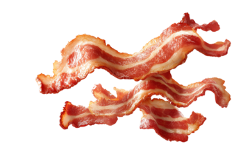 Crispy Bacon Strips: Delicious and perfectly cooked bacon strips, floating against a clean background, ideal for food blogs, restaurant menus, and culinary websites.