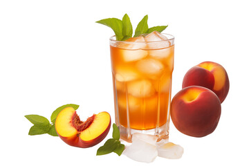 Fototapeta premium Refreshing peach iced tea served in a clear glass with fresh peaches on a white background