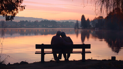 silhouette of a couple sitting on a bench at sunset