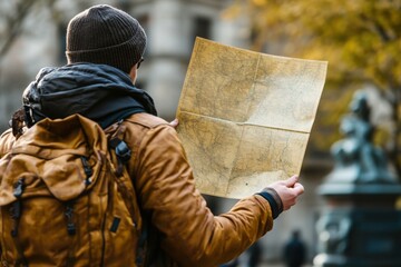 Tour guide holding blank map, with copy space