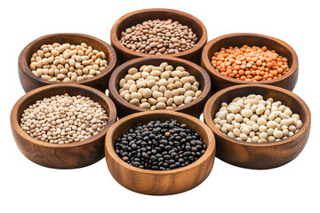 Fototapeta premium A Symphony of Legumes: A captivating arrangement of various legumes in wooden bowls, showcasing their vibrant colors and textures. A visual feast for the senses.