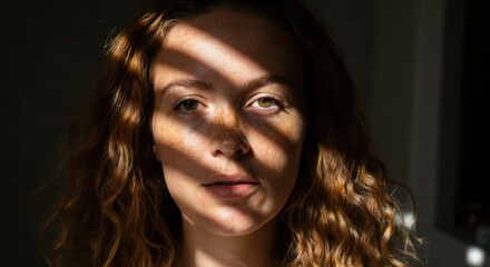 Woman with curly hair in shadowed light