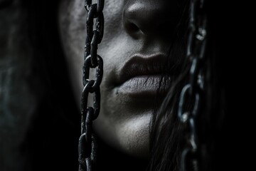 Victim of human trafficking in chains, with copy space