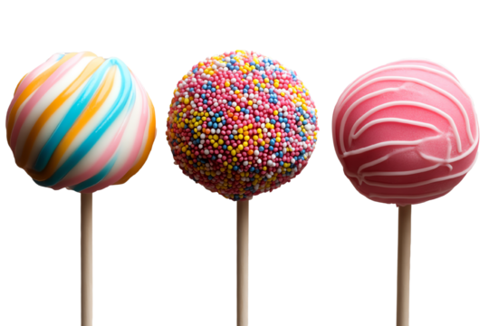 Colorful Cake Pops: A trio of vibrant cake pops, each adorned with a unique and whimsical design, stands in a row against a clean background.