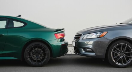 Naklejka premium Two cars parked bumper-to-bumper on paved surface