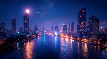 Obraz premium A panoramic view of a city skyline illuminated by a full moon, with a river reflecting the city lights and the moon.