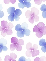 Fototapeta premium 淡い紫と青の花々が描かれた、白い背景のデザインで彩られたアート作品