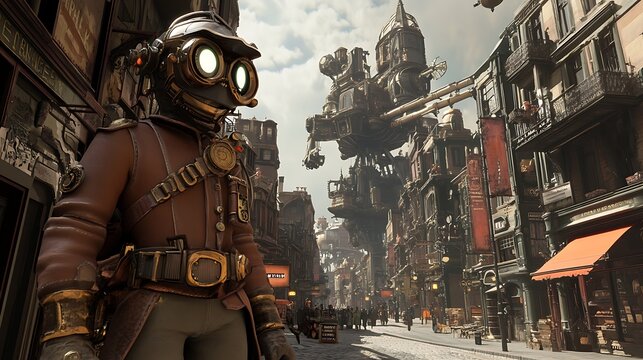 Steampunk adventurer with clockwork gadgets and goggles, leather gear adorned with brass details, standing on a cobblestone street with towering mechanical contraptions and a Victorian-inspired 