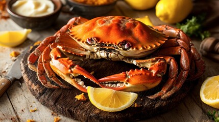 Fresh Crab with Lemons on Wooden Cutting Board